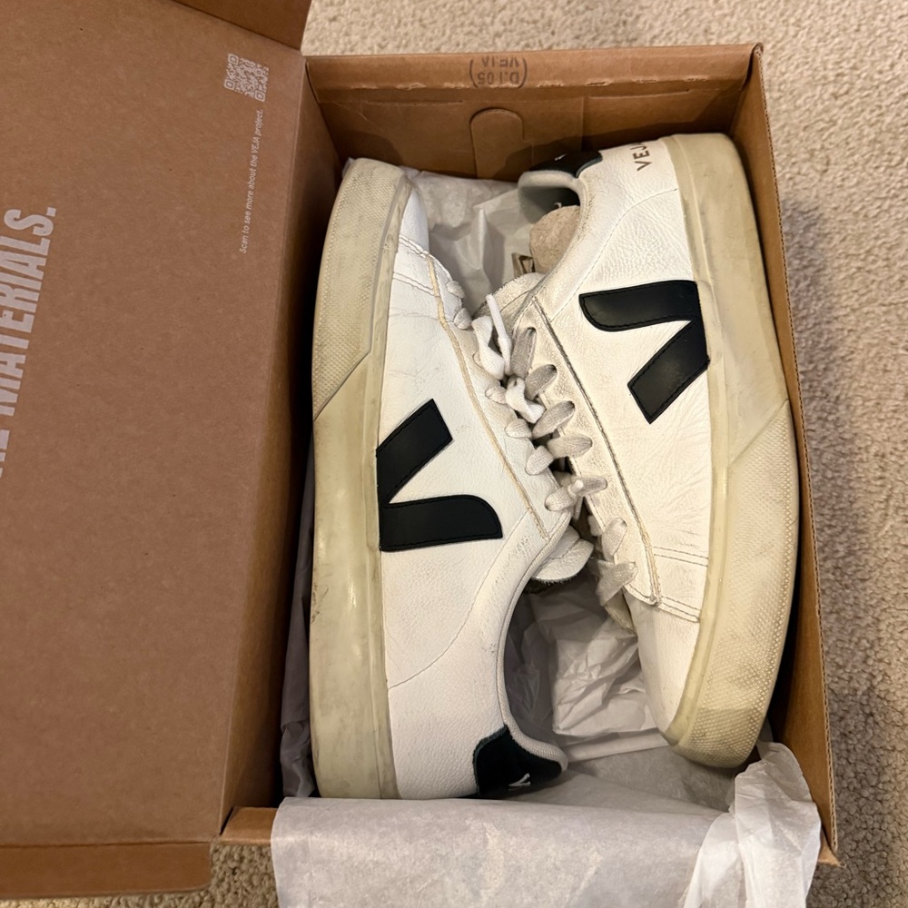 Veja White Leather Campo Sneaker with Black Accents - Picture 2 of 8